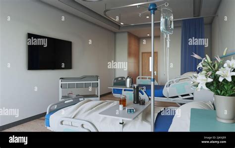 A Closeup Of The Inpatient Ward Hospital Room With A Bed And A Tv Stock