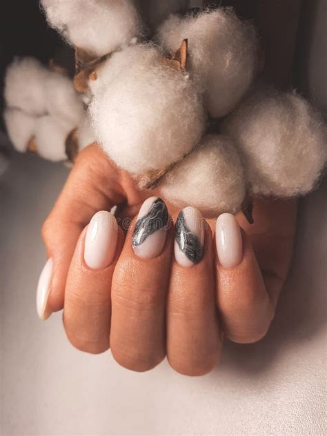 Camouflage Gel Nail Polish With A Wave Abstract Design Nude Manicure With A Beautiful Green