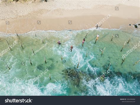 Traditional Stilt Fishermen Sri Lanka Aerial Stock Photo