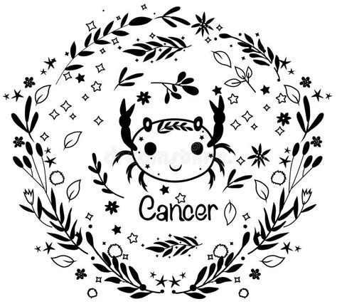 Black And White Cancer Cute Zodiac In A Colorful Wreath Of Leaves