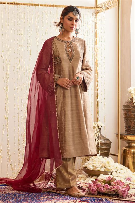 Buy Beige Anarkali Raw Silk Embellished Resham Neckline Palazzo Set