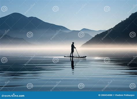 Silhouette Of Man On Sup Board On Lake Stock Photo Image Of Adult