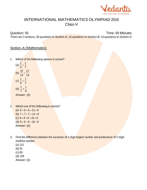 Imo Maths Olympiad Class 5 2016 Previous Year Question Paper