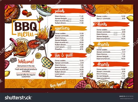 Barbecue Restaurant Menu Template Design Bbq Food And Drink Stock