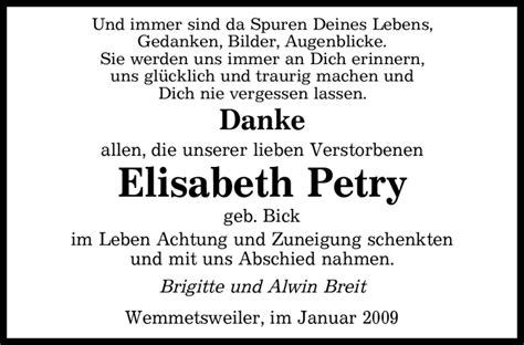 Traueranzeigen Von Elisabeth Petry Saarbruecker Zeitung Trauer De