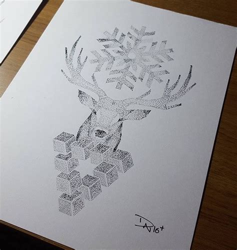 Impressive Dotwork Deer With Geometric Construction And Big Snowfall Tattoo Design