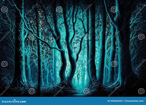 Surreal Night Forest With Eerie Blue Light Stock Illustration