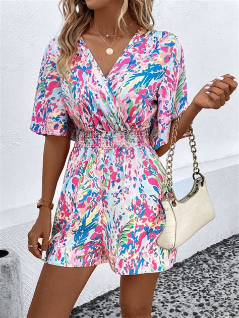 Shein Lune Allover Print Surplice Neck Romper Shein Usa