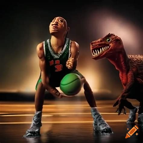 Humans Playing Basketball Against Dinosaurs