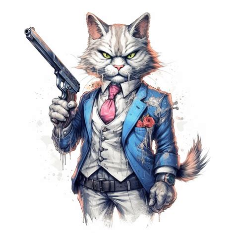 Premium Photo | A drawing of a cat with a gun in his hand