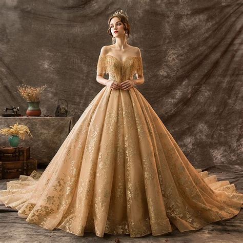 Luxury Gorgeous Gold Wedding Dresses Ball Gown Off The Shoulder