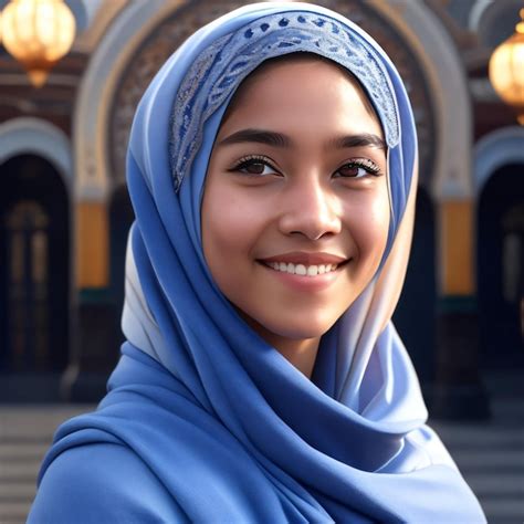 Uma Mulher Um Hijab Azul Est Parada Na Frente De Um Pr Dio Foto