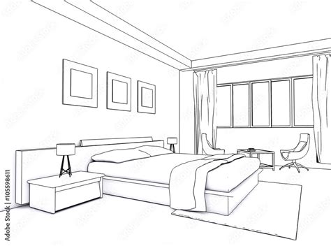 Architectural interior drawing, bedroom sketch Stock Illustration ...