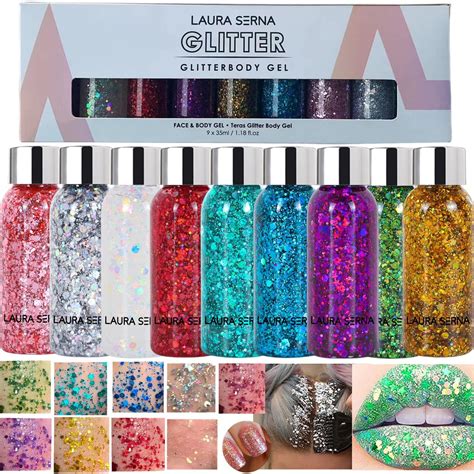 9 Pack Body Glitter Gel Mermaid Sequin Chunky Glitter Face Hair Nail Lip Glitter