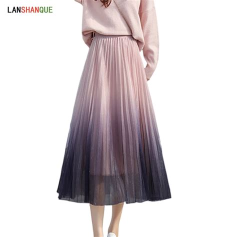 Gradient Color Skirt Female 2019 Long Pleated Skirt Women Summer Lace