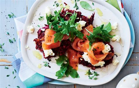 Honeyed Ricotta Beetroot And Thyme Fritters With Smoked Salmon