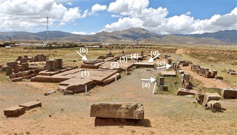 General view of Puma Punku; the four, giant, red, geopolymer-sandstone ...