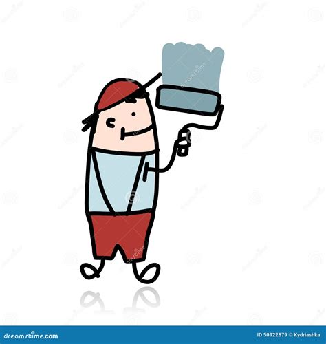 House Painter With Roller Paints The Wall Cartoon Stock Vector Image