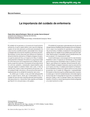 La Importancia Del Cuidado De Enfermeria Autor Paula Alina Juarez