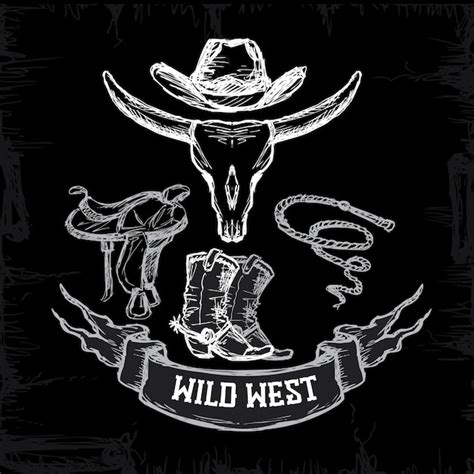 Premium Vector Wild West Set Collection White On Black Background