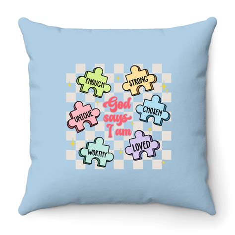 God Says I Am Christian Bible Verse Puzzle Piece Autism Throw Pillows