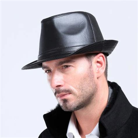 Winter Warm Leather Men's Black Fedora hat For Gentlemen's Genuine ...