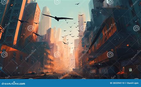 Una Ciudad Futurista Con Drones Robóticos Pintura De Ilustración De