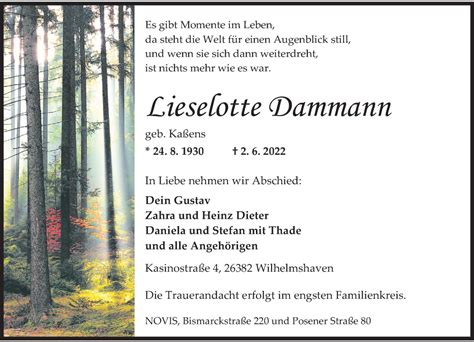 Traueranzeigen Von Lieselotte Dammann Nordwest Trauer De