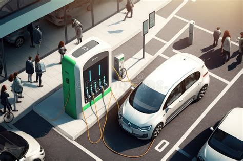 Electric Car Charging Station In Busy City With People And Traffic