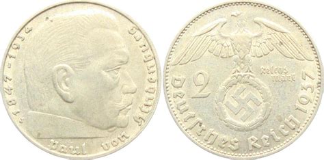 Drittes Reich 2 Reichsmark 1937 J Paul Von Hindenburg Mit Hakenkreuz