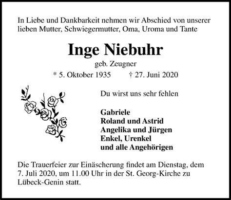 Traueranzeigen Von Inge Niebuhr Trauer Anzeigen De