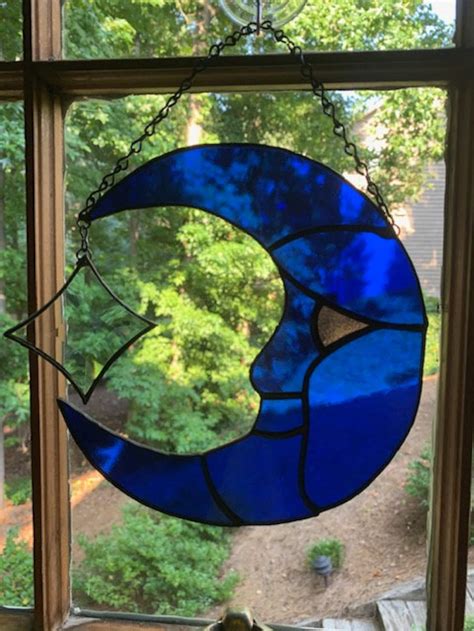 Stained Glass Blue Crescent Moon Suncatcher Baby Shower Nursery Room