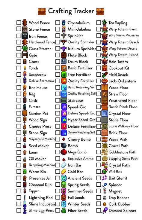 Printable Digital File Stardew Valley Tracker Crafting Collection Order