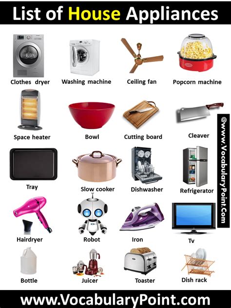 500 Best House Appliances List Vocabulary Point