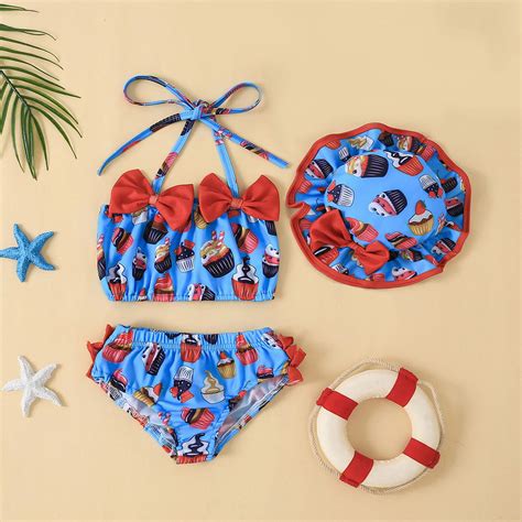 Girls Swimsuits Summer Bowknot Cake Printed Ruffles Two Piece Bikini