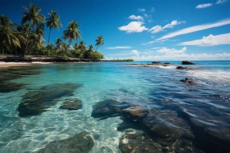 Premium Ai Image Tropical Beach Scenery With Coconut Palm Trees