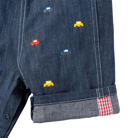 HOT BISCUITS ミキハウス くるま刺繍 デニム オーバーオール 紺 S 70 80cm M 80 90cm L 90 100cm LL 100 110cm ホットビスケッツ