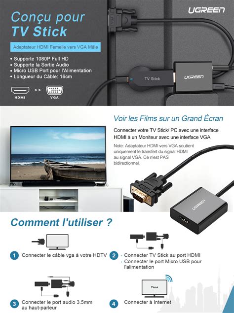 UGREEN Adaptateur HDMI Femelle vers VGA Mâle 1080P 60Hz Compatible avec