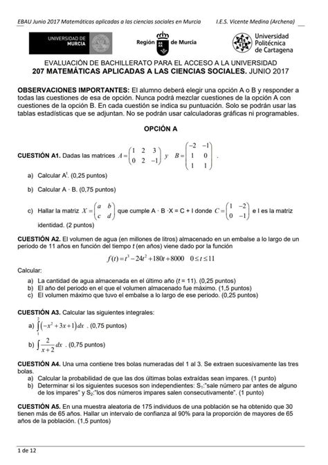 EBAU Matemáticas Murcia Exámenes y Soluciones 2024