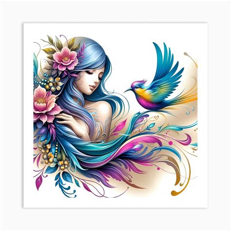 Girl With Flowers And A Bird Art Print By Vitalka Fy