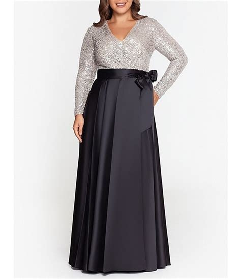 Xscape Plus Size Surplice V Neck Long Sleeve Sequin Bodice A Line Gown