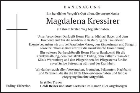 Traueranzeigen Von Magdalena Kressirer Trauer Merkur De