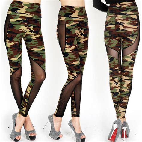 Sexy Camouflage Female Leggings Mesh Patchwork Slim Women Pants Summer