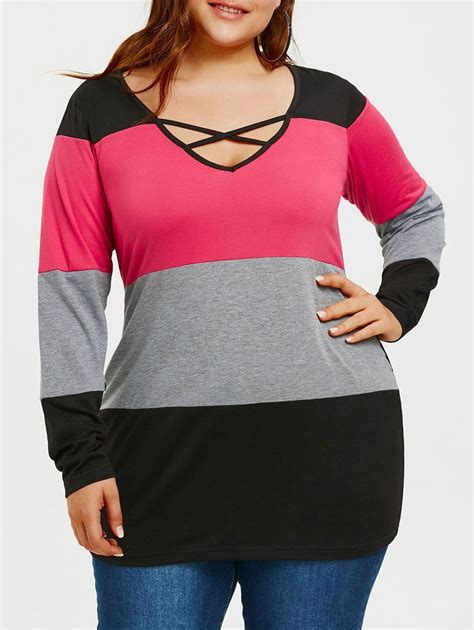 Plus Size Color Block Long Sleeve T Shirt Casual Tops For Women Plus Size Fashion Tips Plus