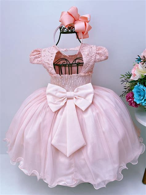 Vestido Infantil Salm O Rendado Flores Em Aplique Luxo Rosa Charmosa