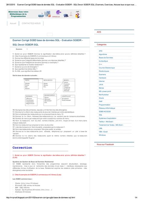 Exercices Corriges Examen Corrigé Sgbd Base De Données Sql Pdf