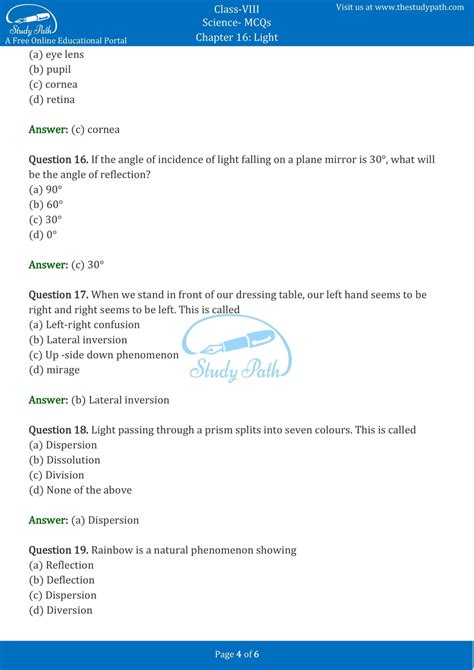 Class 8 Science Chapter 16 Light Mcq With Answers Study Path