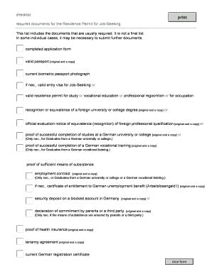 Fillable Online Checklist Residence Permit For Job Seeking Immigration