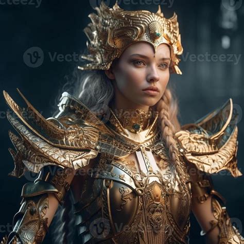 Fantasy Goddess Of War In An Armor With A Crown Character Design