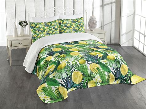 Ambesonne Jungle Quilted Bedspread Set 3 Pcs Exotic Plants Green Leaf